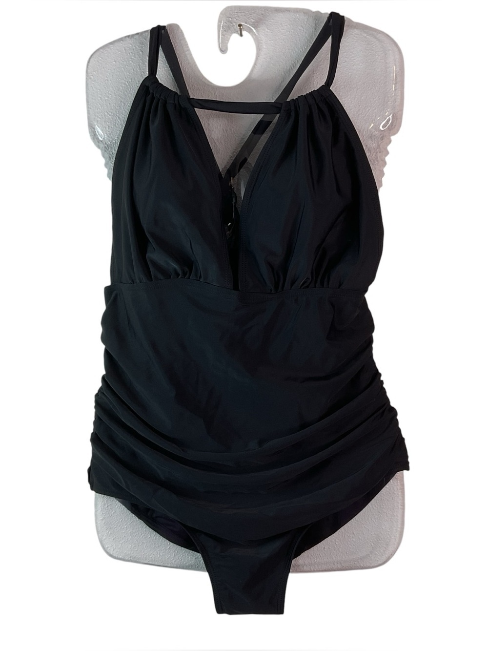 Black One-Piece halter Swimsuit with V-Neck and Ruched Waist XL